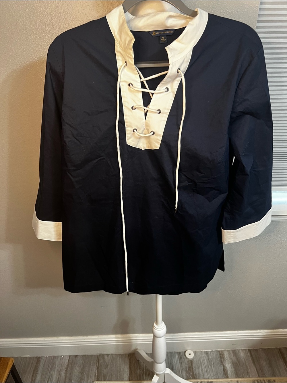 Brooks Brothers 3/4 Sleeve Tops Extra Large Tie Front Blue And White lace up - Picture 7 of 14